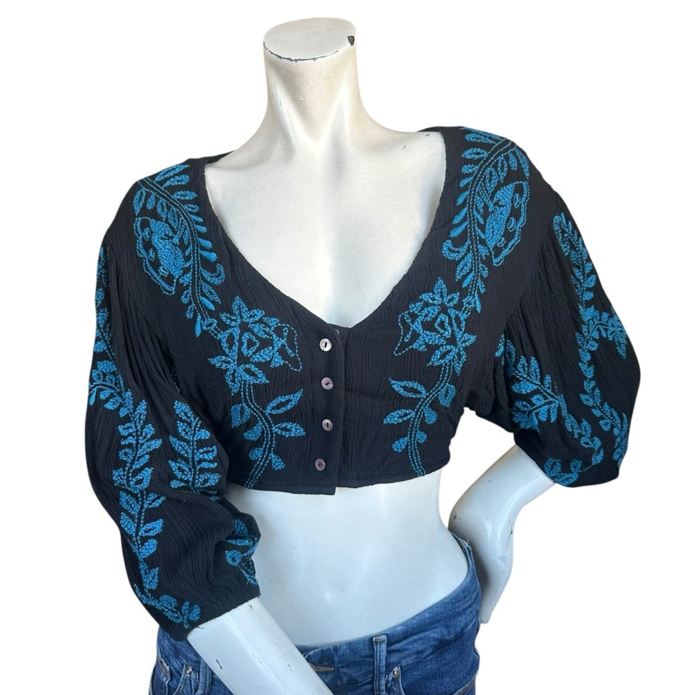 Free People Black Blue Gauze Embroidered Fairy Puff Sleeve Button Down Crop Top